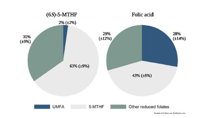 Saugokitės! Scientific Reports tyrimas patvirtina, kad maitinančioms moterims folio rūgštį papildant, 28 % folio rūgšties piene yra netinkamos naudoti nemetabolizuotos folio rūgšties (UMFA) – 14 kartų daugiau nei motinoms, vartojančioms biologiškai aktyvią formą.